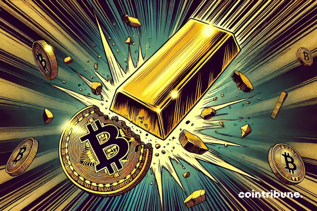 Sebatang batangan emas menabrak koin Bitcoin, menghancurkannya menjadi potongan-potongan, melambangkan dominasi emas atas cryptocurrency.