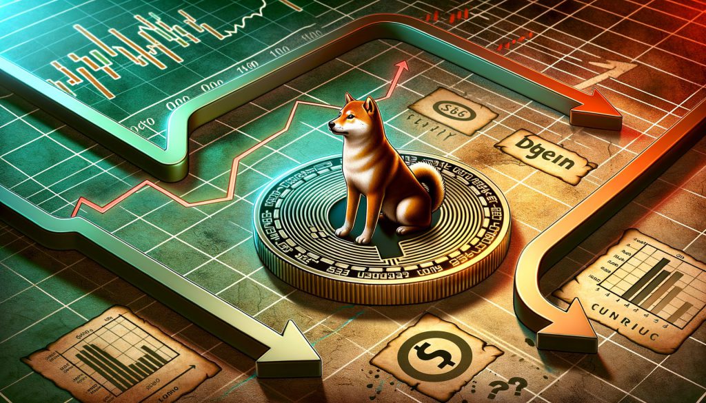 柴犬幣坐在金色幣上，背景是紅色和綠色的市場圖表