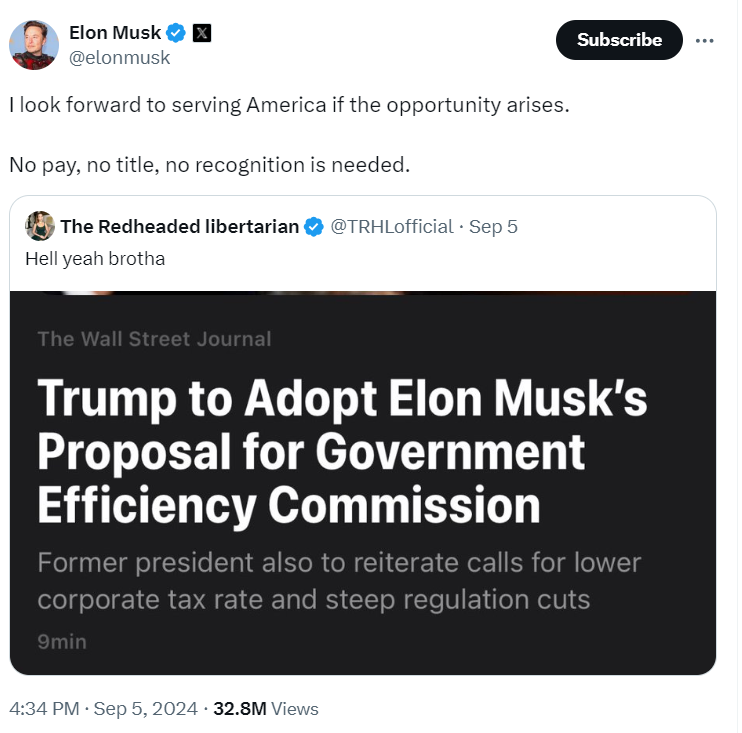 Musk's Offer to Serve in Gov Efficiency Commission | Source: @elonmusk