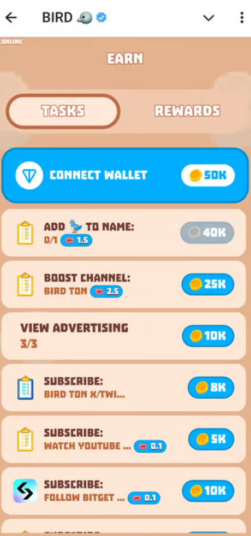 "Bird TON Task List for Rewards – Source: Bird TON"