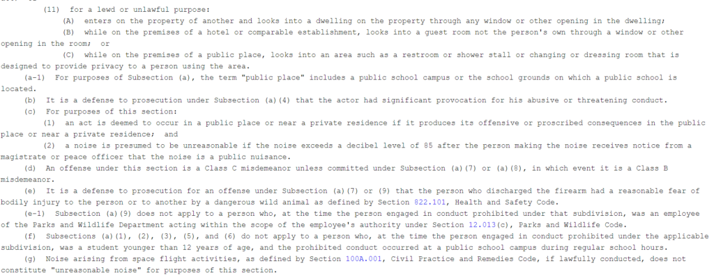 Texas Noise Regulations Excerpt" Source: Texas Penal Code