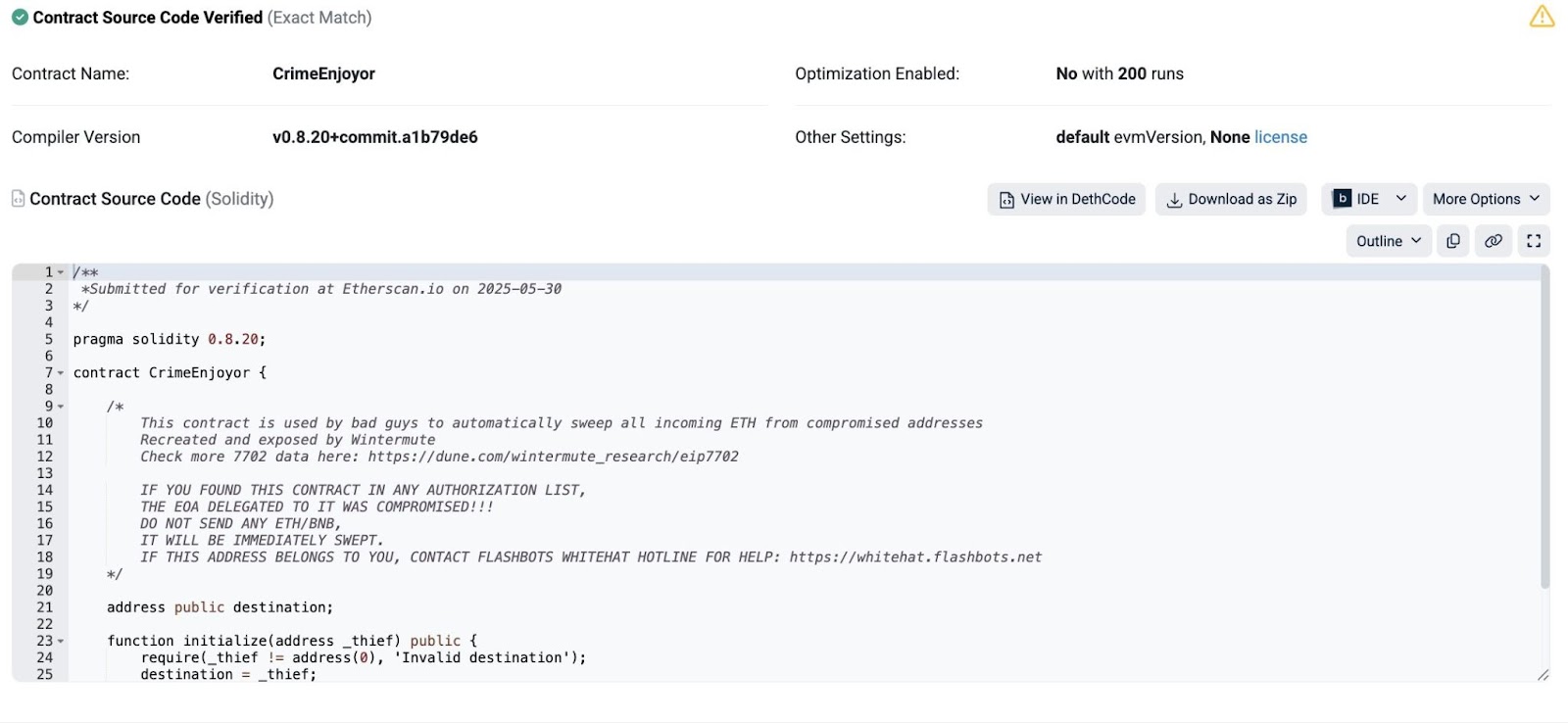 ‘CrimeEnjoyor’ de Wintermute marquera les contrats d'épuisement du portefeuille Ethereum