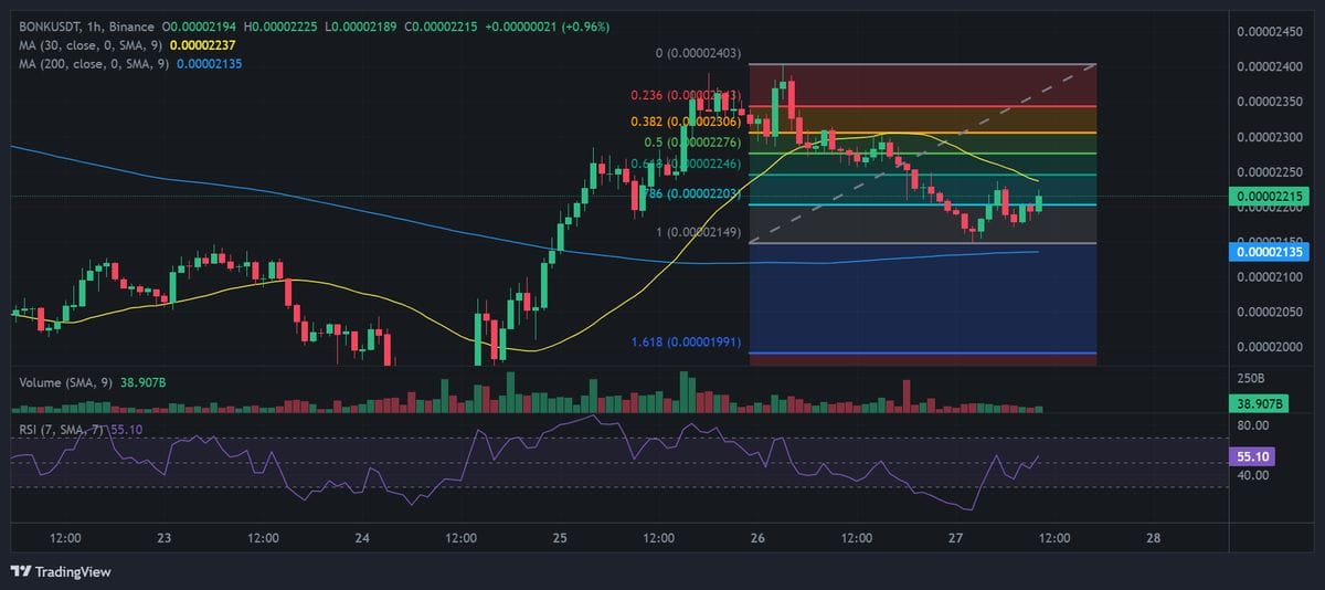 BONK price chart with technical analysis. Source: Binance.