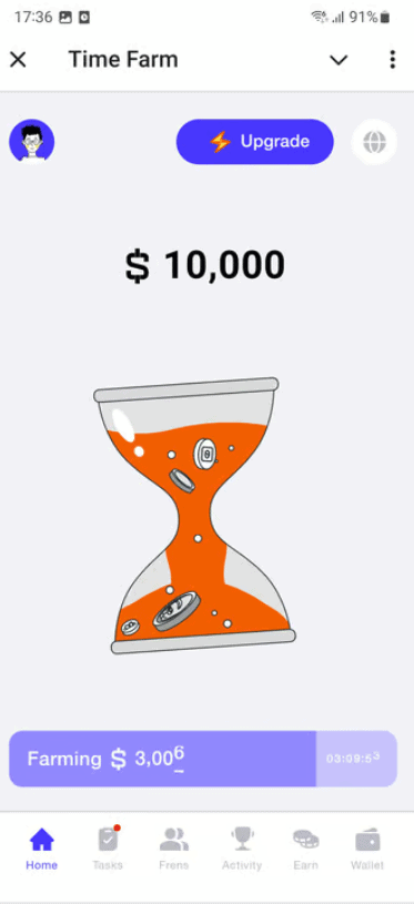 Time Farm Earnings Display. Source: Time Farm App