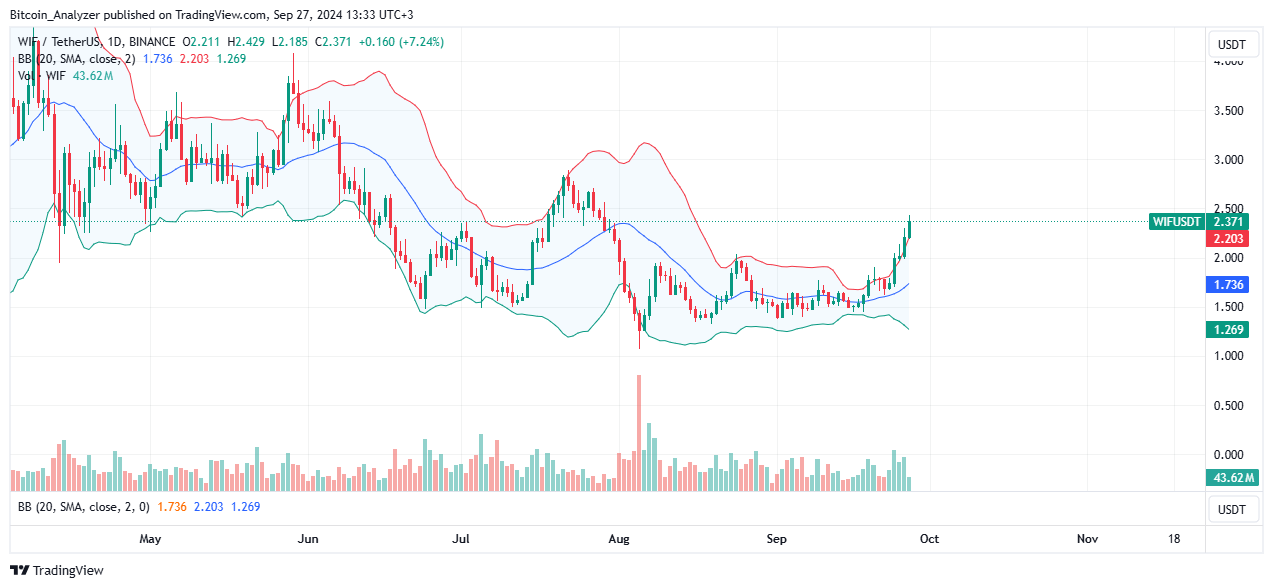 DogWifHat prices trending upward on the daily chart | Source: WIFUSDT on Binance, TradingView