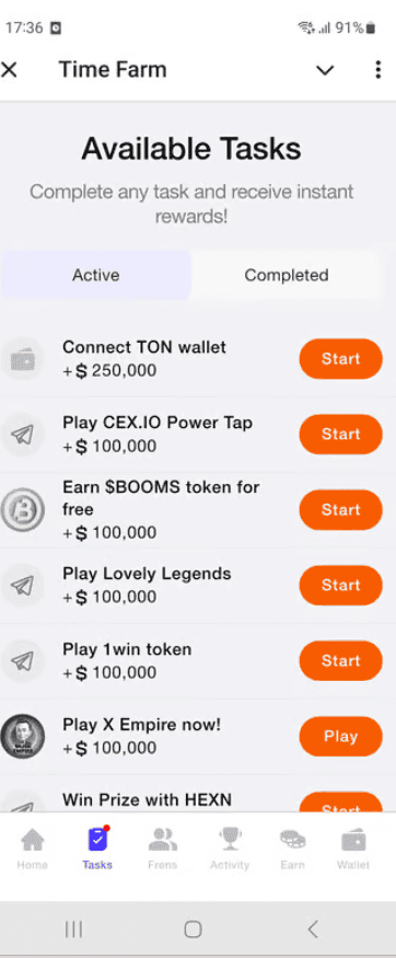 Time Farm Task Menu. Source: Time Farm App
