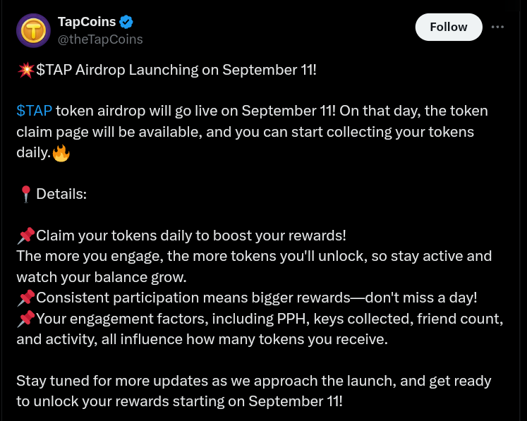 Tapcoins' $TAP Token Airdrop Scheduled for September 11