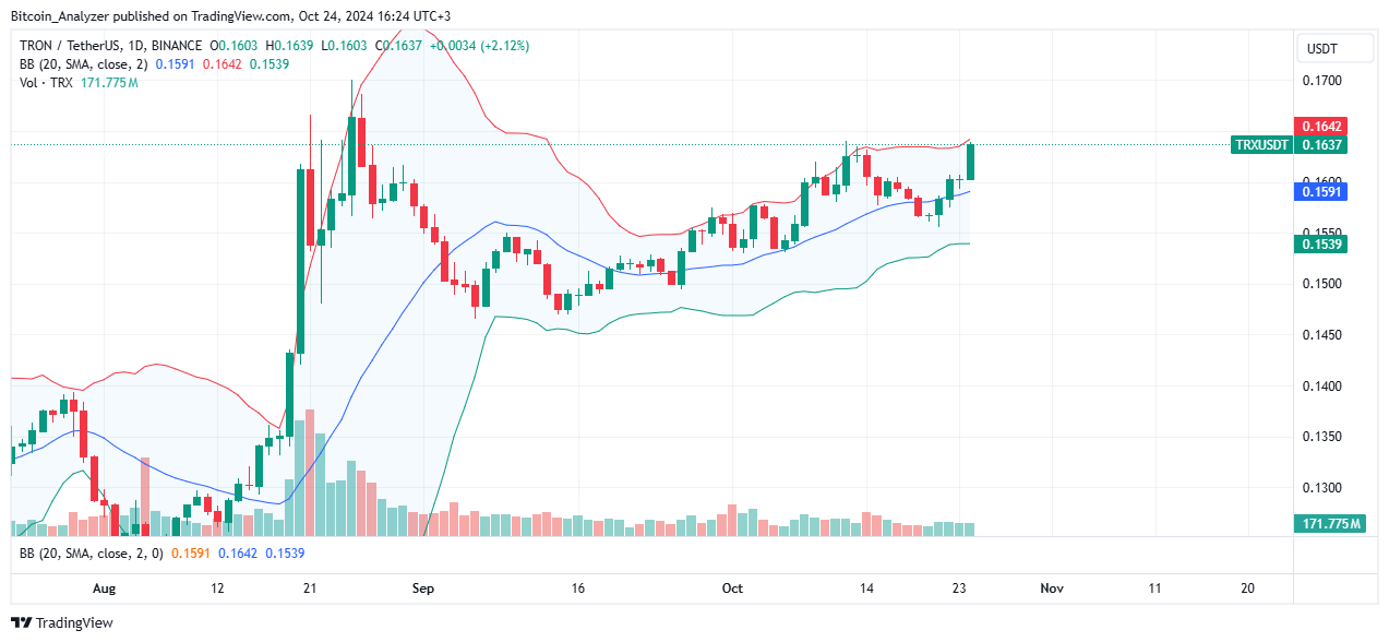 TRX price moving upward on the daily chart | Source: TRXUSDT on Binance, TradingView