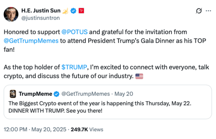 Justin Sun $TRUMP gala statement on X