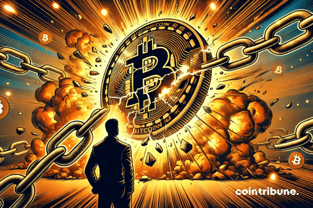 Representação do Bitcoin encadeado com rachaduras.