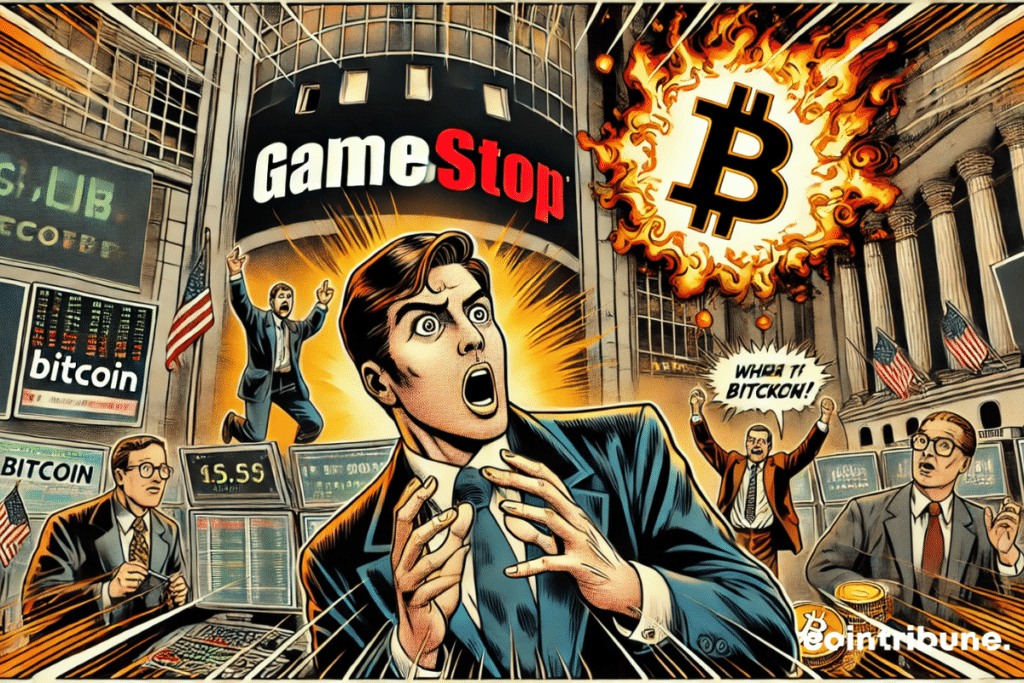 Chứng khoán sốc trên màn hình khổng lồ với biểu tượng GameStop và Bitcoin