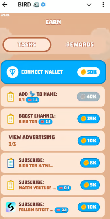 Task Rewards Screen - Bird TON Game