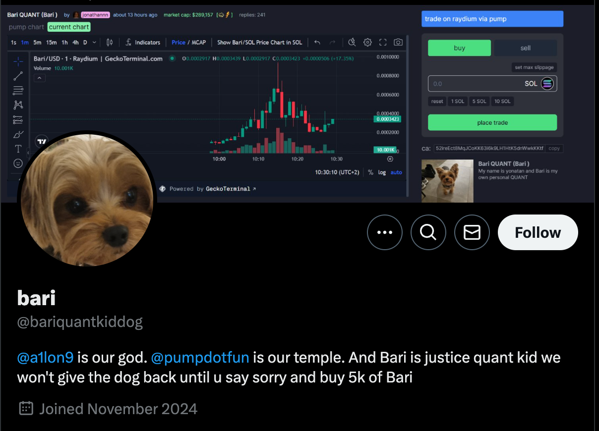 QUANT kid’s dog stolen as kidnapper demands apology and launches new meme coin - 1