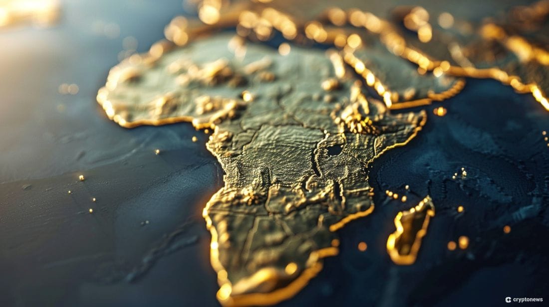 A golden outline of Africa on a dark blue map, highlighting Zimbabwe's potential role in the growing adoption of Zimbabwe crypto and crypto regulation amidst challenges of Zimbabwe inflation.