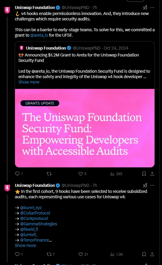 UNISWAP V4 sắp ra mắt, xem xét 9 dự án HOOK nhận 1.2 triệu USD từ Quỹ Grants và cơ hội nhận airdrop tiềm năng